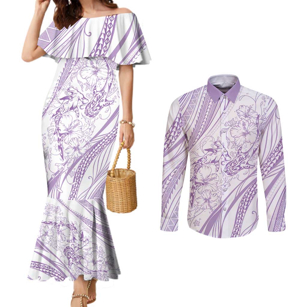 Sharks Couple Dreamy Polynesians Floral Sea Couples Matching Mermaid Dress and Long Sleeve Button Shirt Lilac - Polynesian Pride