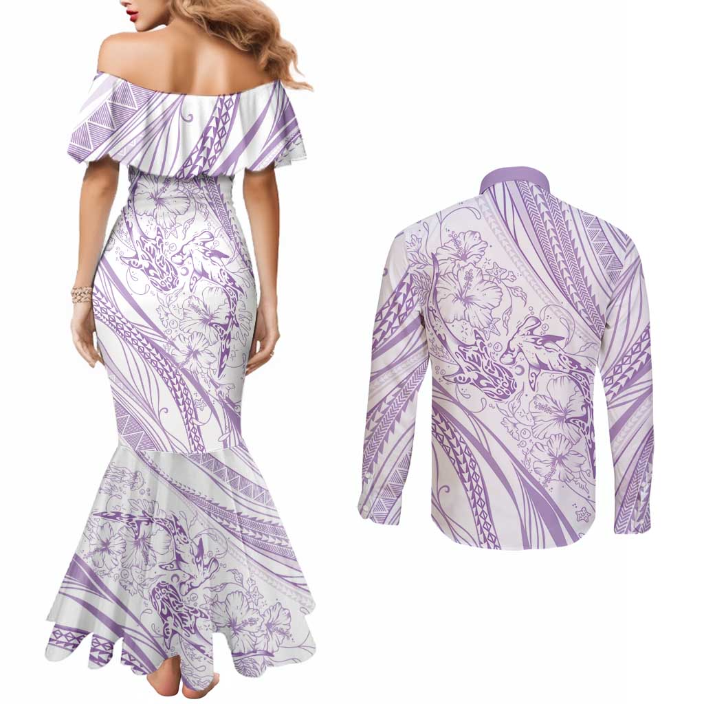 Sharks Couple Dreamy Polynesians Floral Sea Couples Matching Mermaid Dress and Long Sleeve Button Shirt Lilac - Polynesian Pride
