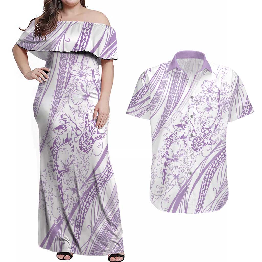 Sharks Couple Dreamy Polynesians Floral Sea Couples Matching Off Shoulder Maxi Dress and Hawaiian Shirt Lilac - Polynesian Pride