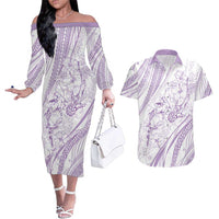 Sharks Couple Dreamy Polynesians Floral Sea Couples Matching Off The Shoulder Long Sleeve Dress and Hawaiian Shirt Lilac - Polynesian Pride
