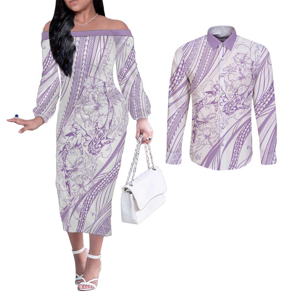 Sharks Couple Dreamy Polynesians Floral Sea Couples Matching Off The Shoulder Long Sleeve Dress and Long Sleeve Button Shirt Lilac - Polynesian Pride