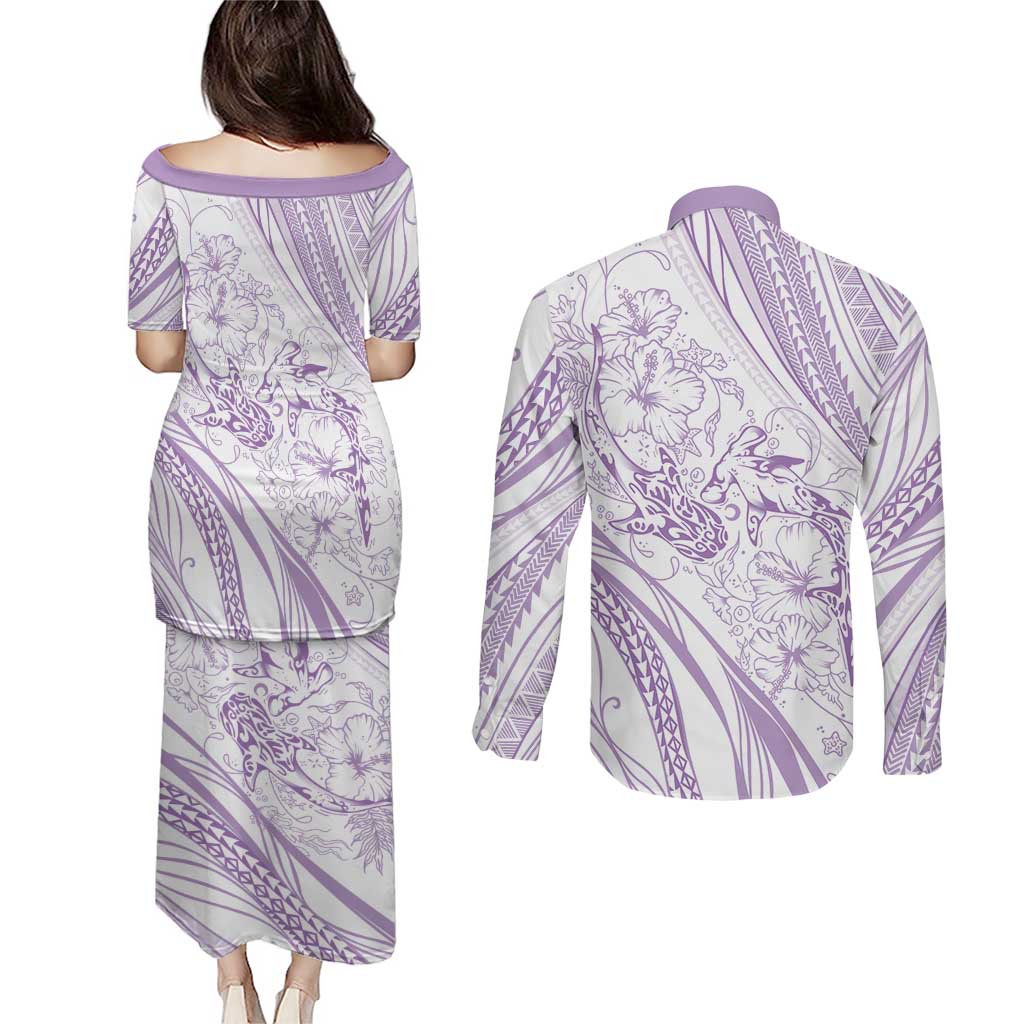 Sharks Couple Dreamy Polynesians Floral Sea Couples Matching Puletasi and Long Sleeve Button Shirt Lilac LT7 - Polynesian Pride