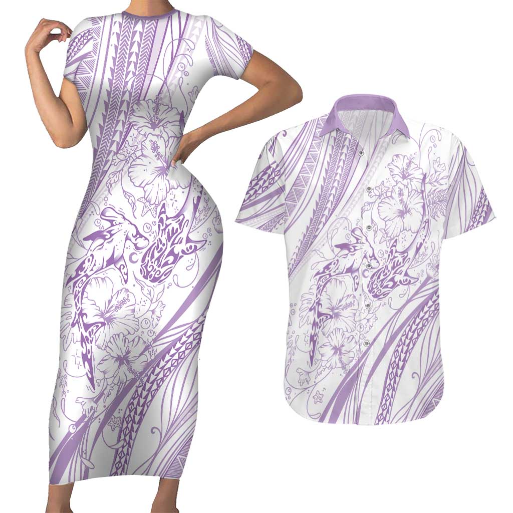 Sharks Couple Dreamy Polynesians Floral Sea Couples Matching Short Sleeve Bodycon Dress and Hawaiian Shirt Lilac - Polynesian Pride