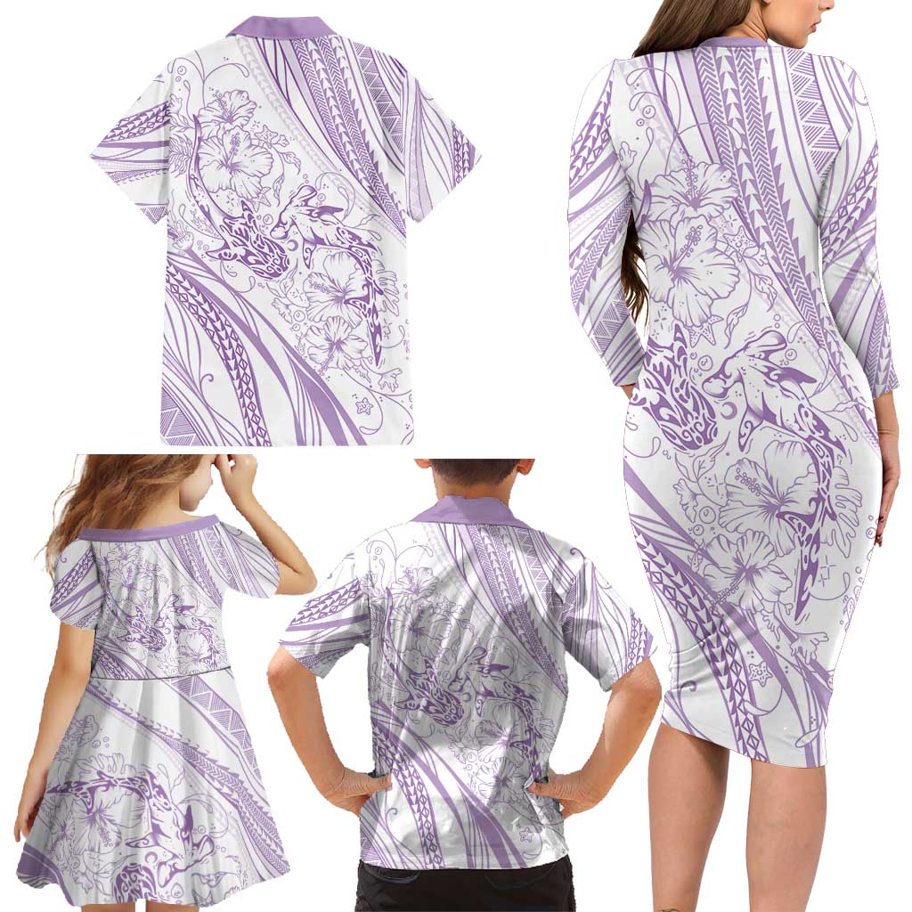 Sharks Couple Dreamy Polynesians Floral Sea Family Matching Long Sleeve Bodycon Dress and Hawaiian Shirt Lilac - Polynesian Pride