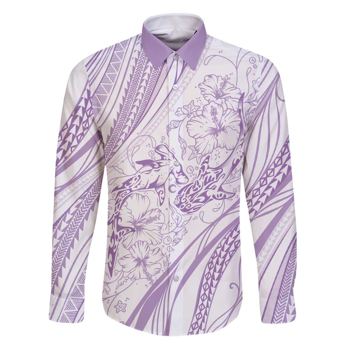 Sharks Couple Dreamy Polynesians Floral Sea Family Matching Off The Shoulder Long Sleeve Dress and Hawaiian Shirt Lilac - Polynesian Pride