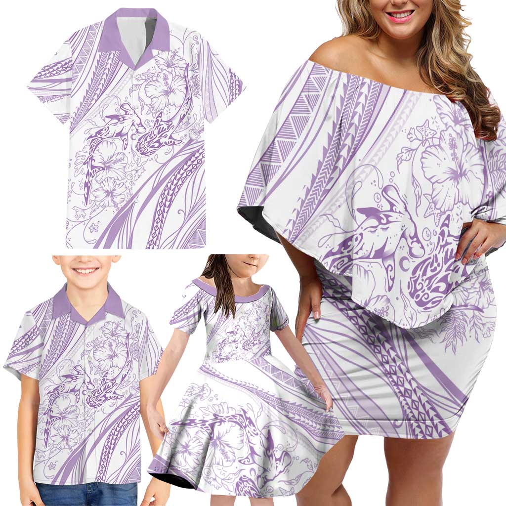 Sharks Couple Dreamy Polynesians Floral Sea Family Matching Off Shoulder Short Dress and Hawaiian Shirt Lilac - Polynesian Pride