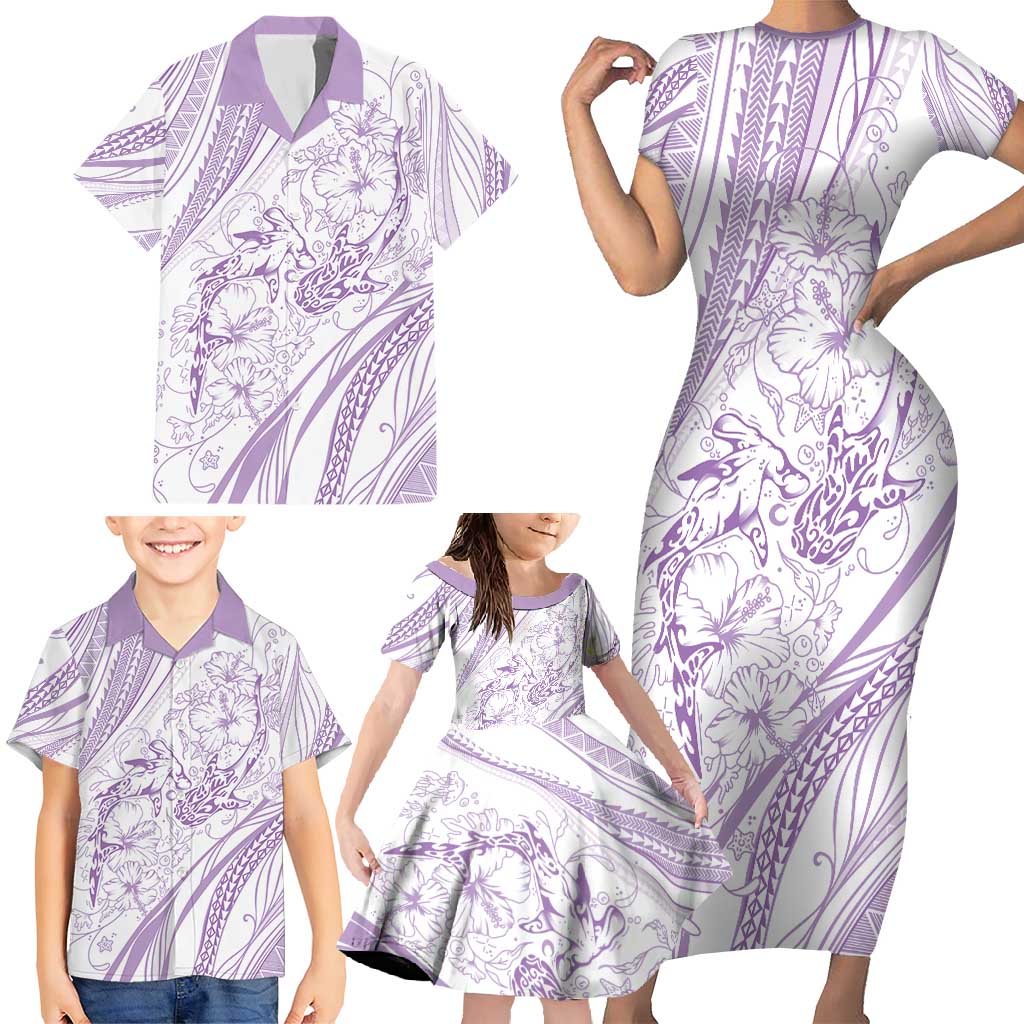 Sharks Couple Dreamy Polynesians Floral Sea Family Matching Short Sleeve Bodycon Dress and Hawaiian Shirt Lilac - Polynesian Pride