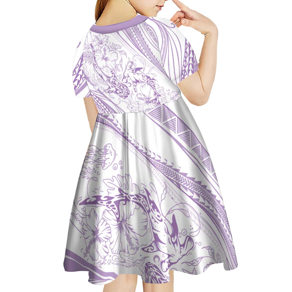 Sharks Couple Dreamy Polynesians Floral Sea Kid Short Sleeve Dress Lilac - Polynesian Pride