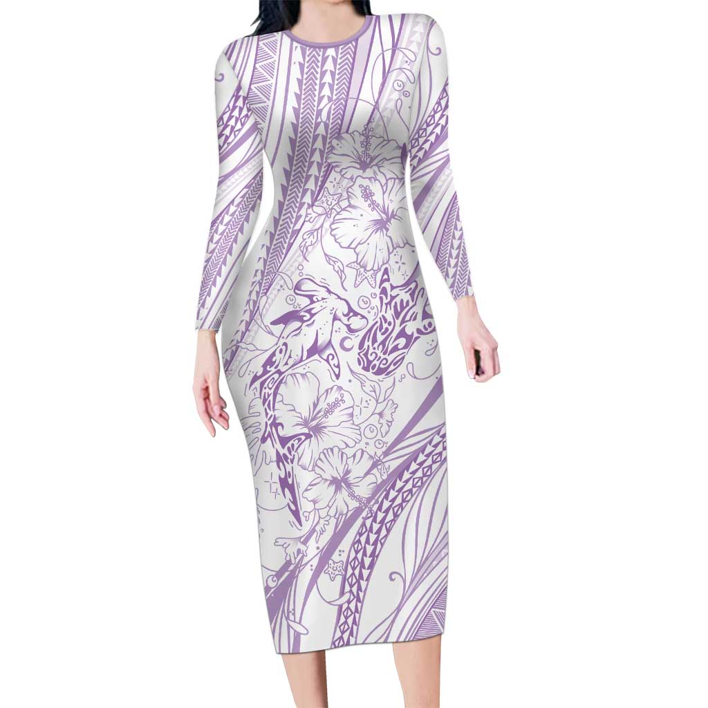 Sharks Couple Dreamy Polynesians Floral Sea Long Sleeve Bodycon Dress Lilac - Polynesian Pride