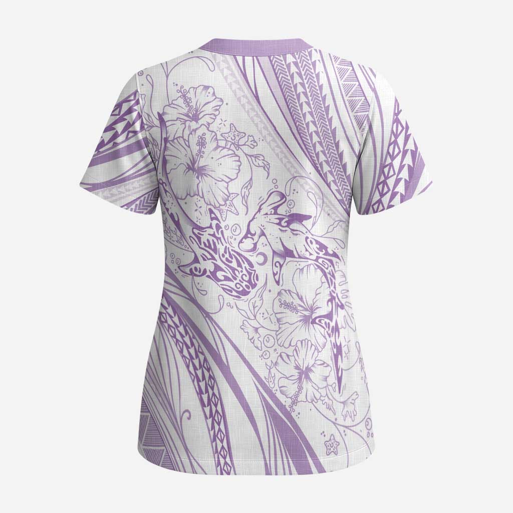 Sharks Couple Dreamy Polynesians Floral Sea Scrub Top Lilac LT7 - Polynesian Pride