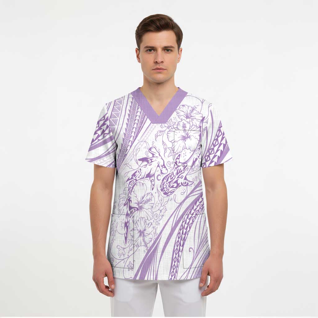 Sharks Couple Dreamy Polynesians Floral Sea Scrub Top Lilac LT7 - Polynesian Pride