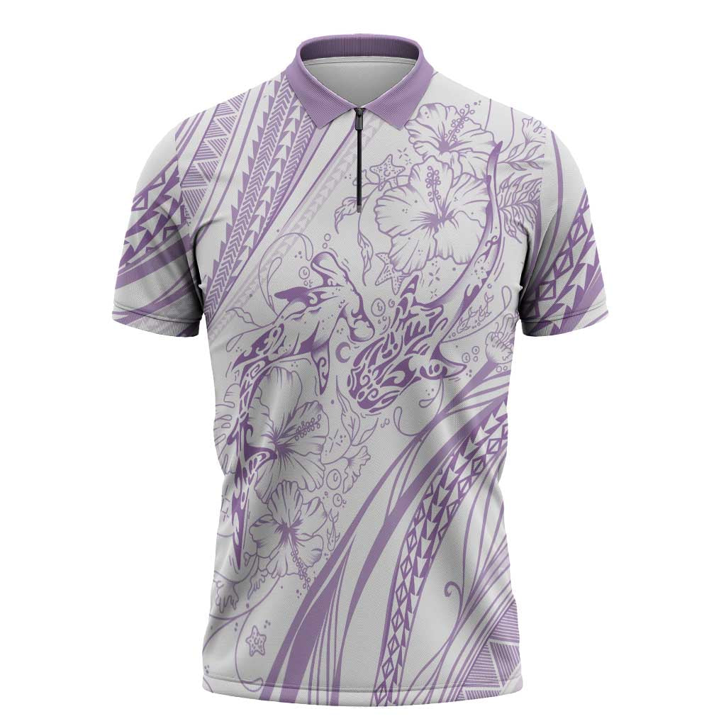 Sharks Couple Dreamy Polynesians Floral Sea Zipper Polo Shirt Lilac - Polynesian Pride