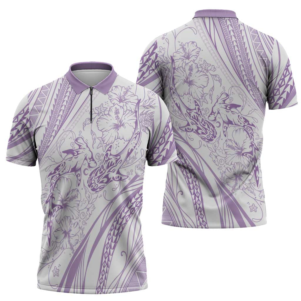 Sharks Couple Dreamy Polynesians Floral Sea Zipper Polo Shirt Lilac - Polynesian Pride