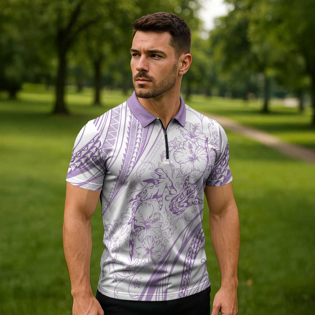 Sharks Couple Dreamy Polynesians Floral Sea Zipper Polo Shirt Lilac - Polynesian Pride