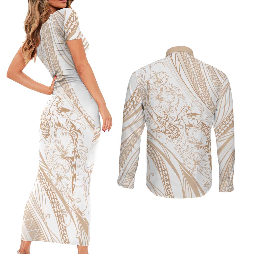 Sharks Couple Dreamy Polynesians Floral Sea Couples Matching Short Sleeve Bodycon Dress and Long Sleeve Button Shirt Hazel - Polynesian Pride