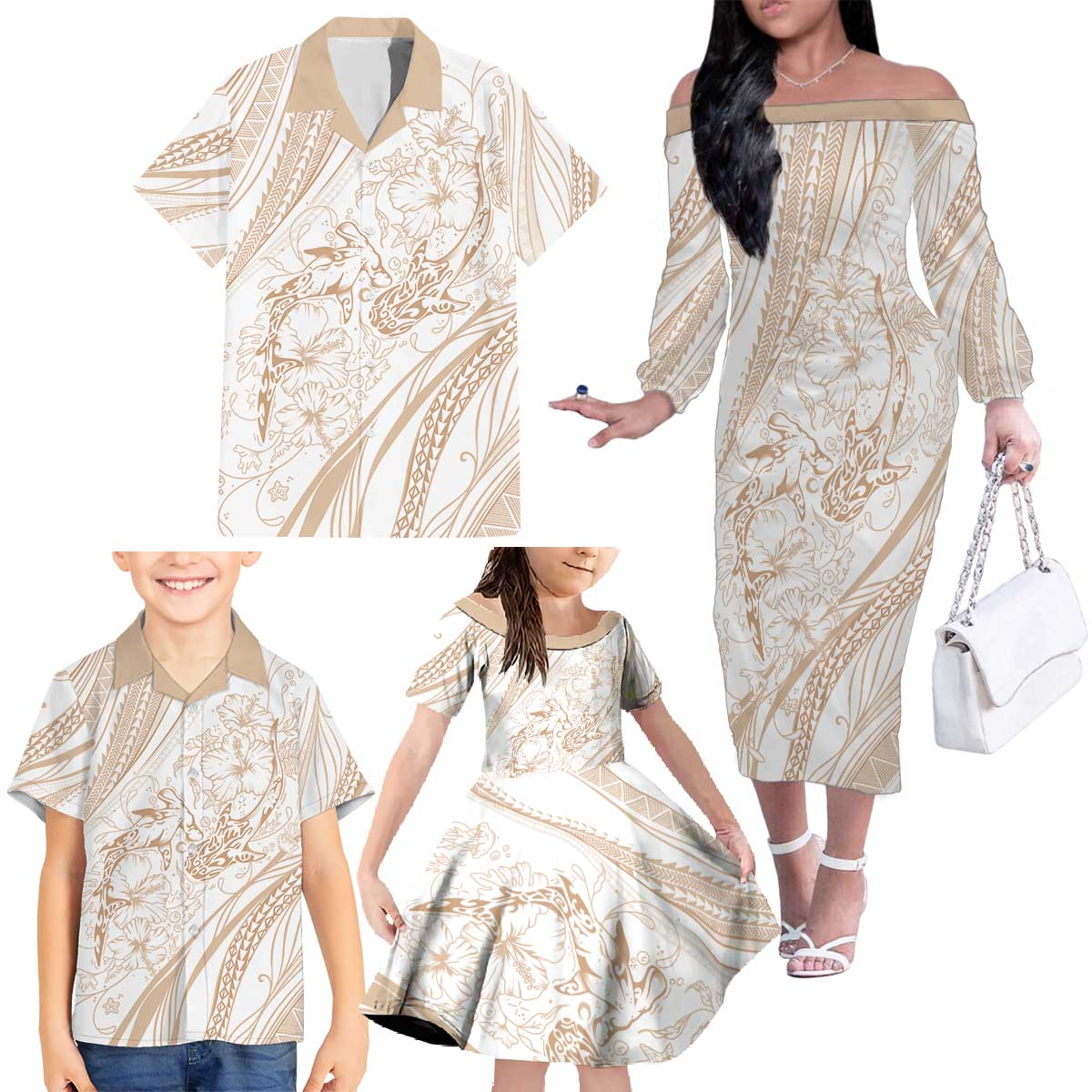 Sharks Couple Dreamy Polynesians Floral Sea Family Matching Off The Shoulder Long Sleeve Dress and Hawaiian Shirt Hazel - Polynesian Pride