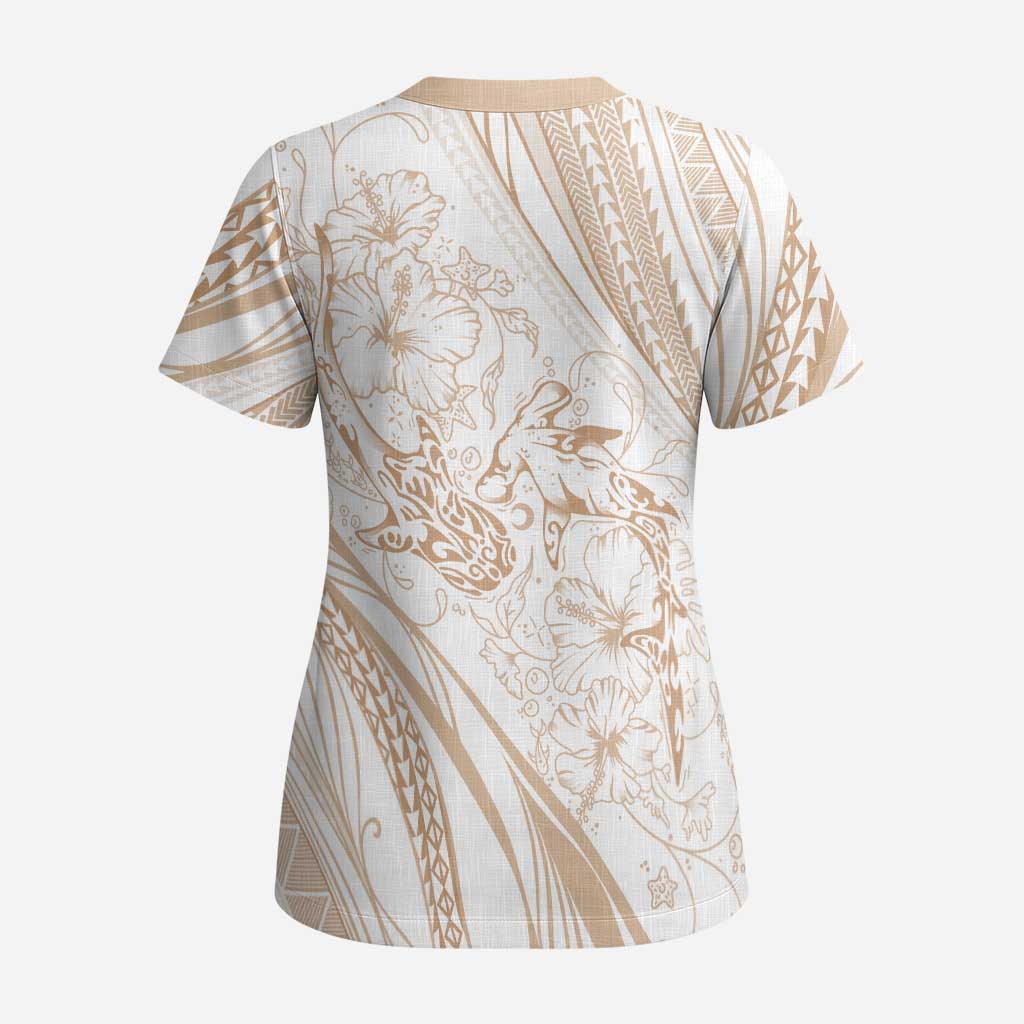 Sharks Couple Dreamy Polynesians Floral Sea Scrub Top Hazel LT7 - Polynesian Pride