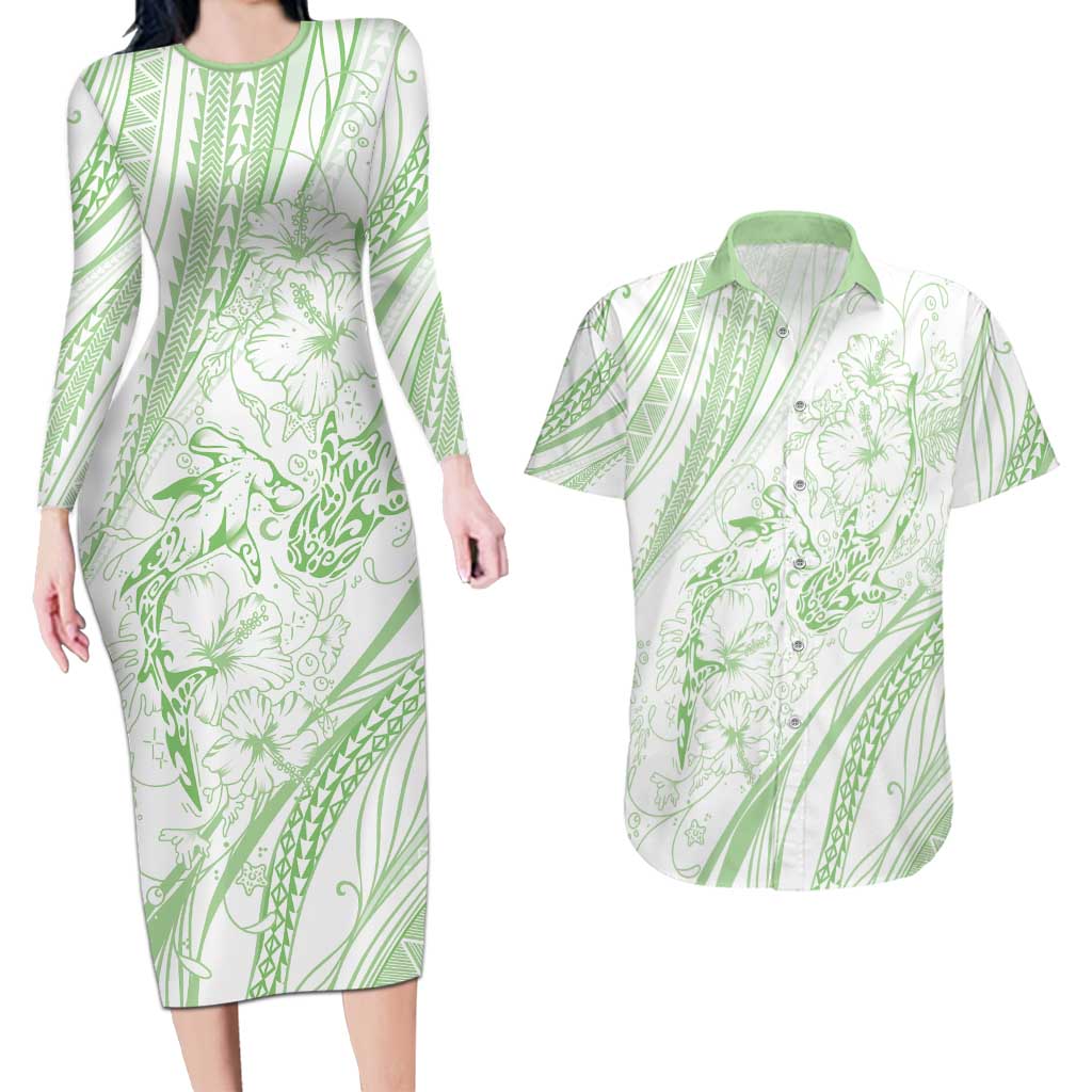 Sharks Couple Dreamy Polynesians Floral Sea Couples Matching Long Sleeve Bodycon Dress and Hawaiian Shirt Emerald - Polynesian Pride