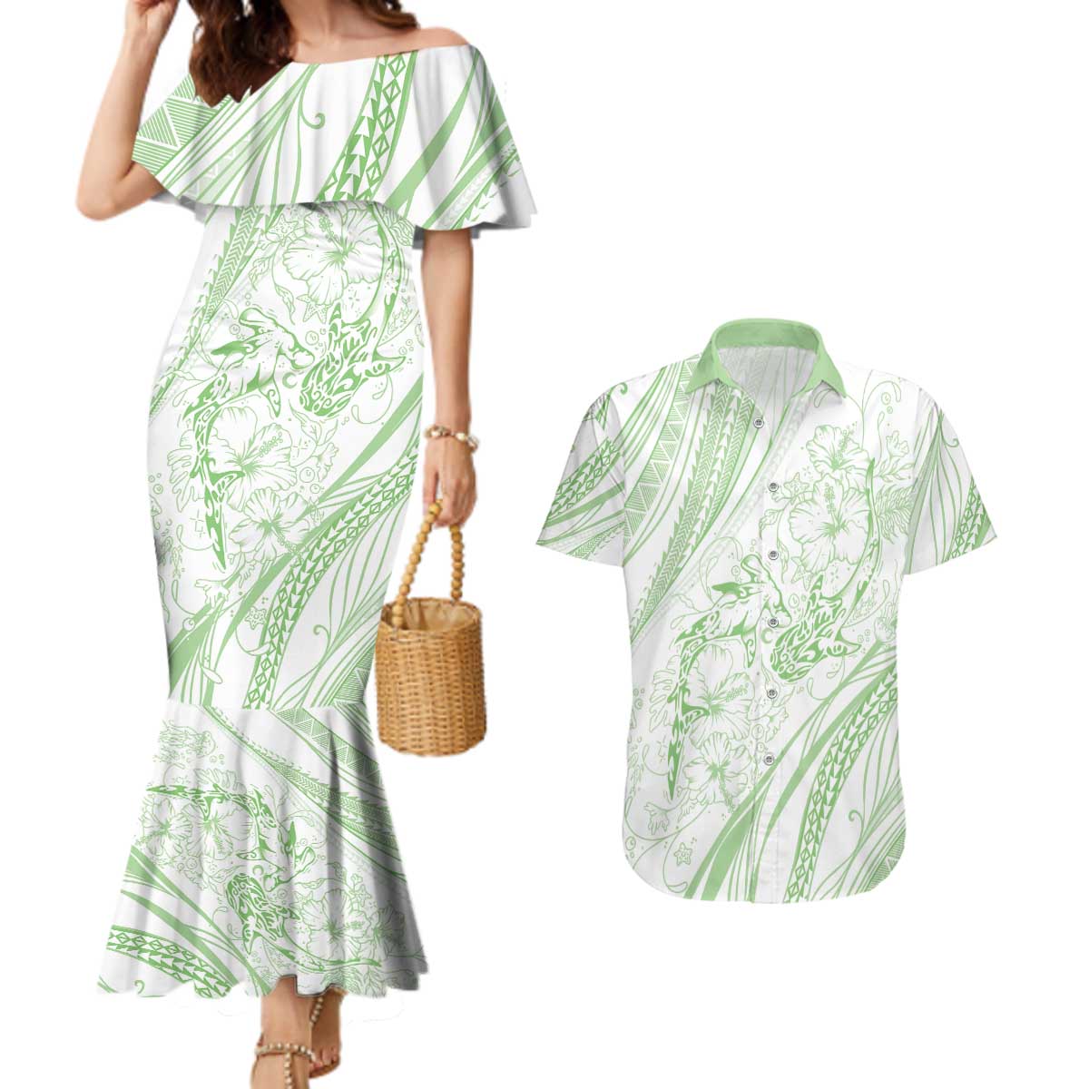 Sharks Couple Dreamy Polynesians Floral Sea Couples Matching Mermaid Dress and Hawaiian Shirt Emerald - Polynesian Pride