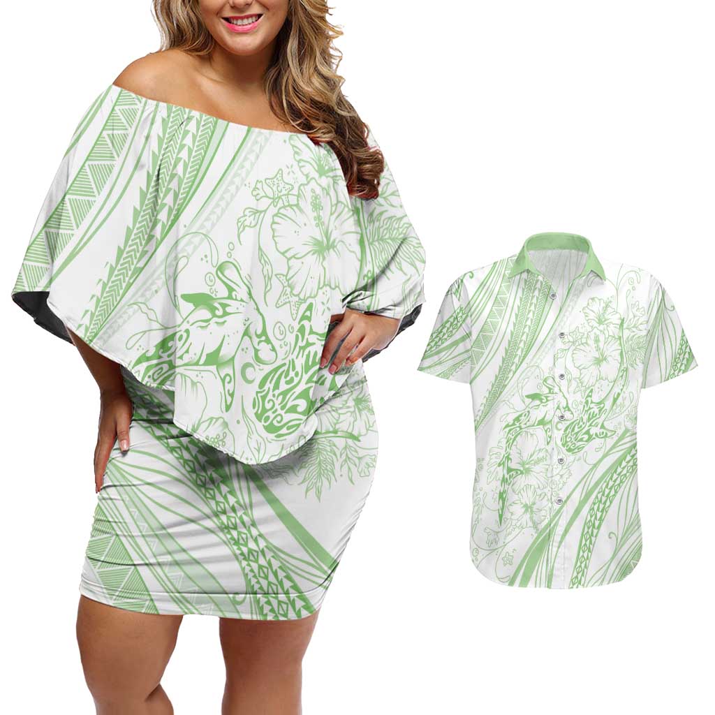 Sharks Couple Dreamy Polynesians Floral Sea Couples Matching Off Shoulder Short Dress and Hawaiian Shirt Emerald - Polynesian Pride