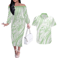 Sharks Couple Dreamy Polynesians Floral Sea Couples Matching Off The Shoulder Long Sleeve Dress and Hawaiian Shirt Emerald - Polynesian Pride