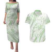 Sharks Couple Dreamy Polynesians Floral Sea Couples Matching Puletasi and Hawaiian Shirt Emerald - Polynesian Pride