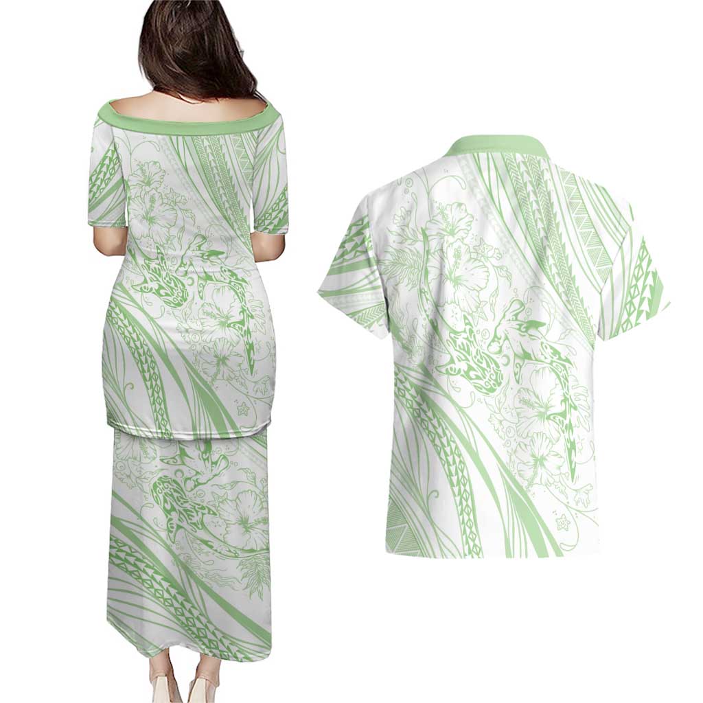 Sharks Couple Dreamy Polynesians Floral Sea Couples Matching Puletasi and Hawaiian Shirt Emerald - Polynesian Pride