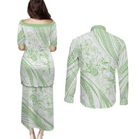 Sharks Couple Dreamy Polynesians Floral Sea Couples Matching Puletasi and Long Sleeve Button Shirt Emerald - Polynesian Pride