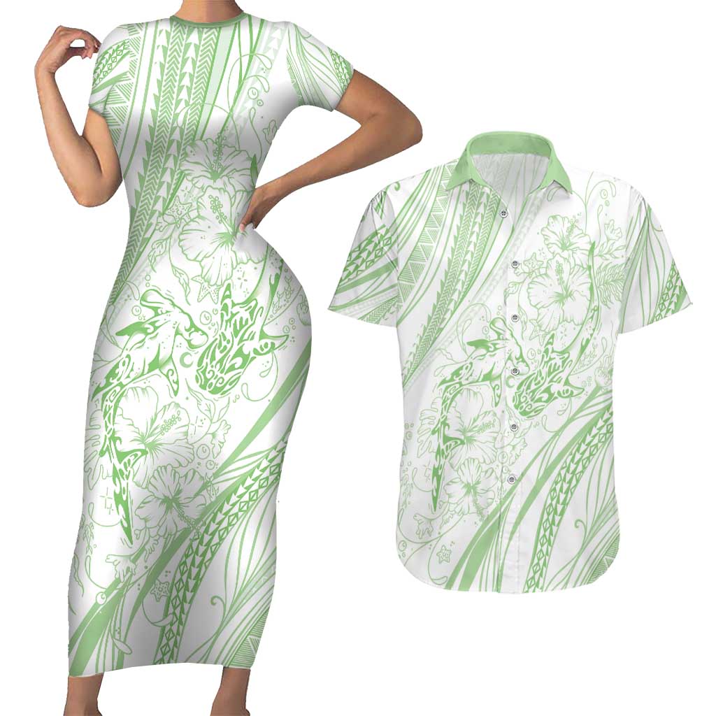 Sharks Couple Dreamy Polynesians Floral Sea Couples Matching Short Sleeve Bodycon Dress and Hawaiian Shirt Emerald - Polynesian Pride
