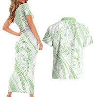 Sharks Couple Dreamy Polynesians Floral Sea Couples Matching Short Sleeve Bodycon Dress and Hawaiian Shirt Emerald - Polynesian Pride