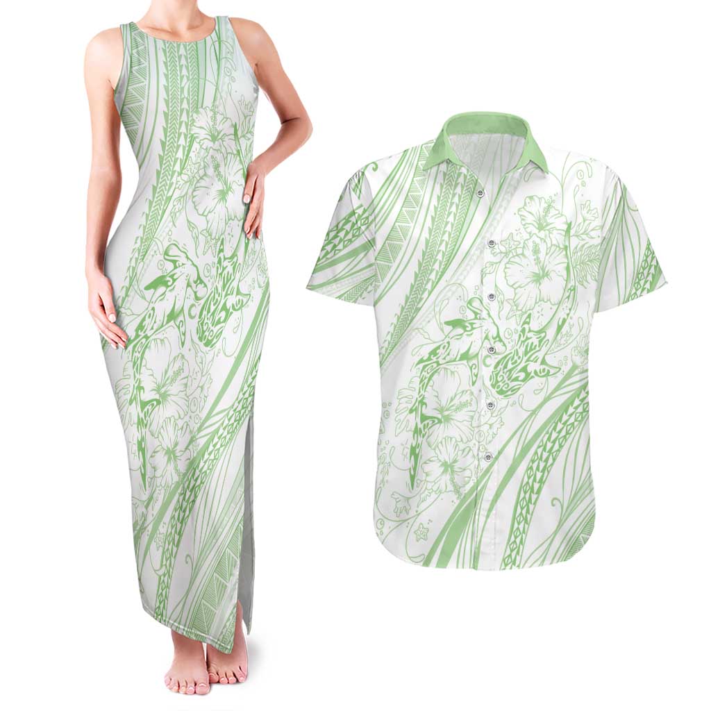 Sharks Couple Dreamy Polynesians Floral Sea Couples Matching Tank Maxi Dress and Hawaiian Shirt Emerald - Polynesian Pride