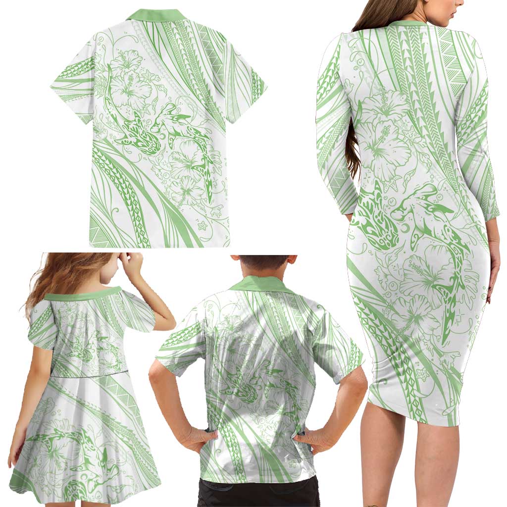 Sharks Couple Dreamy Polynesians Floral Sea Family Matching Long Sleeve Bodycon Dress and Hawaiian Shirt Emerald - Polynesian Pride