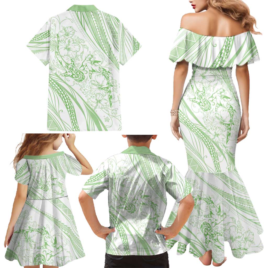 Sharks Couple Dreamy Polynesians Floral Sea Family Matching Mermaid Dress and Hawaiian Shirt Emerald - Polynesian Pride