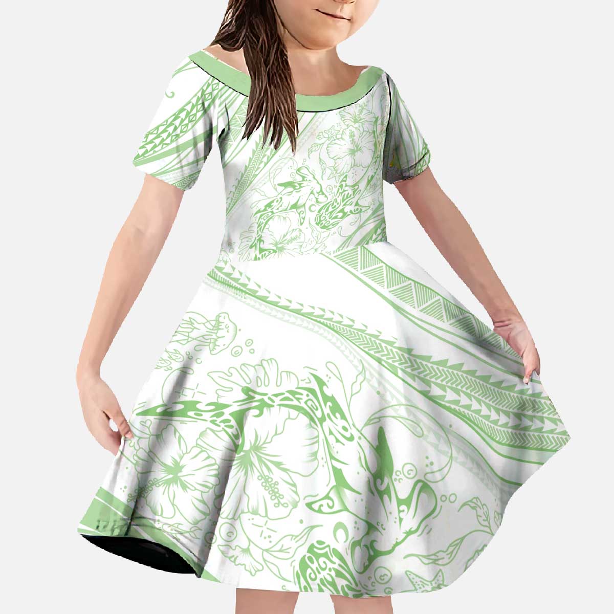 Sharks Couple Dreamy Polynesians Floral Sea Family Matching Off The Shoulder Long Sleeve Dress and Hawaiian Shirt Emerald - Polynesian Pride