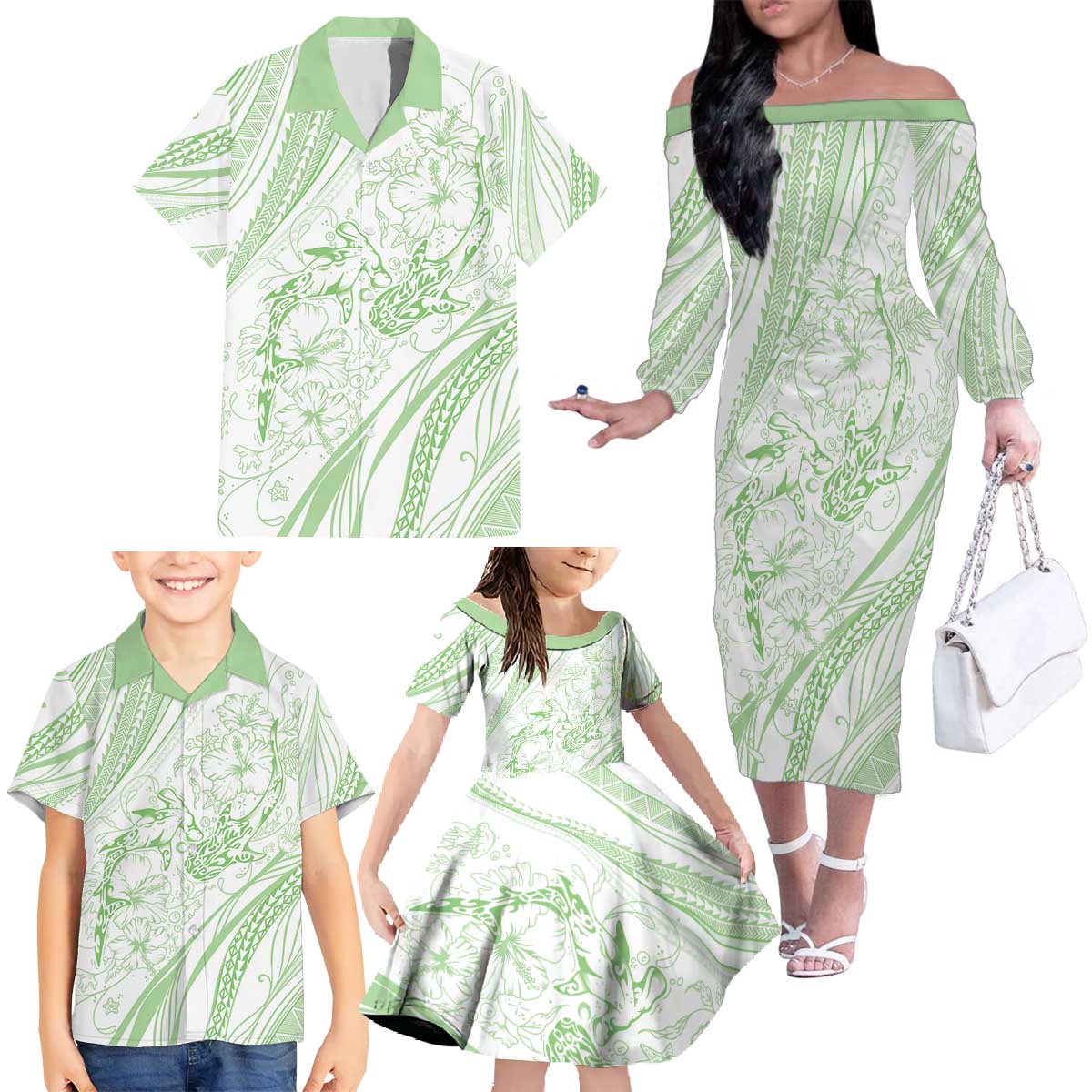 Sharks Couple Dreamy Polynesians Floral Sea Family Matching Off The Shoulder Long Sleeve Dress and Hawaiian Shirt Emerald - Polynesian Pride