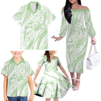 Sharks Couple Dreamy Polynesians Floral Sea Family Matching Off The Shoulder Long Sleeve Dress and Hawaiian Shirt Emerald - Polynesian Pride