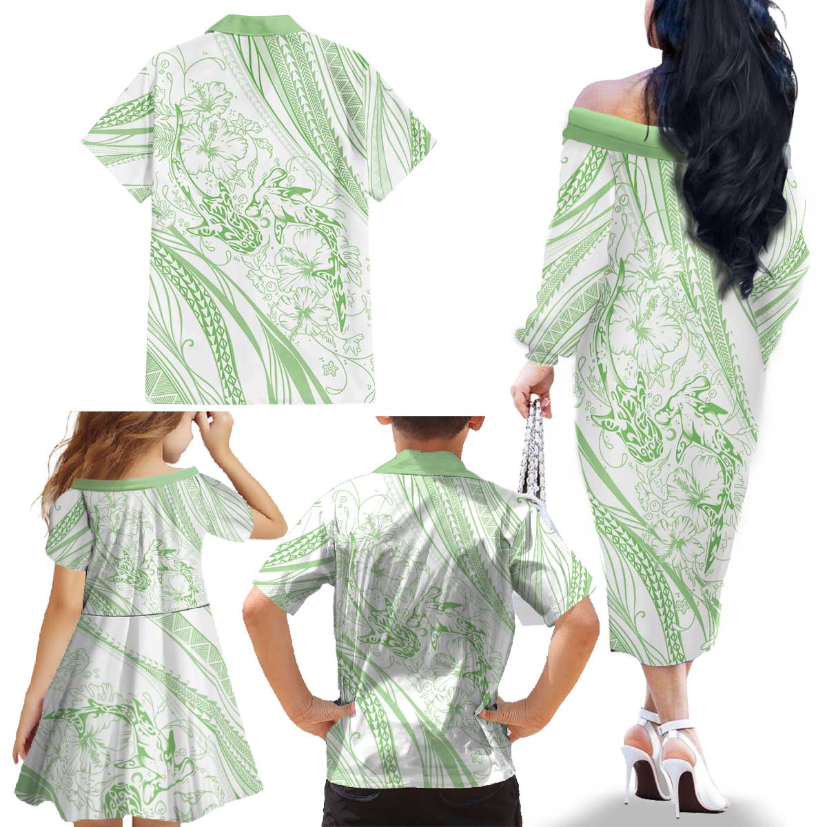 Sharks Couple Dreamy Polynesians Floral Sea Family Matching Off The Shoulder Long Sleeve Dress and Hawaiian Shirt Emerald - Polynesian Pride