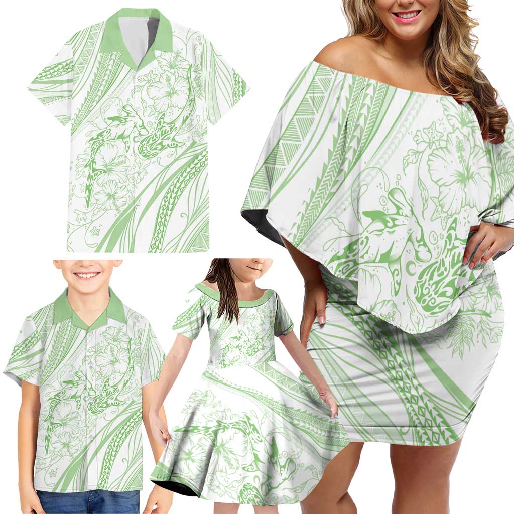 Sharks Couple Dreamy Polynesians Floral Sea Family Matching Off Shoulder Short Dress and Hawaiian Shirt Emerald - Polynesian Pride