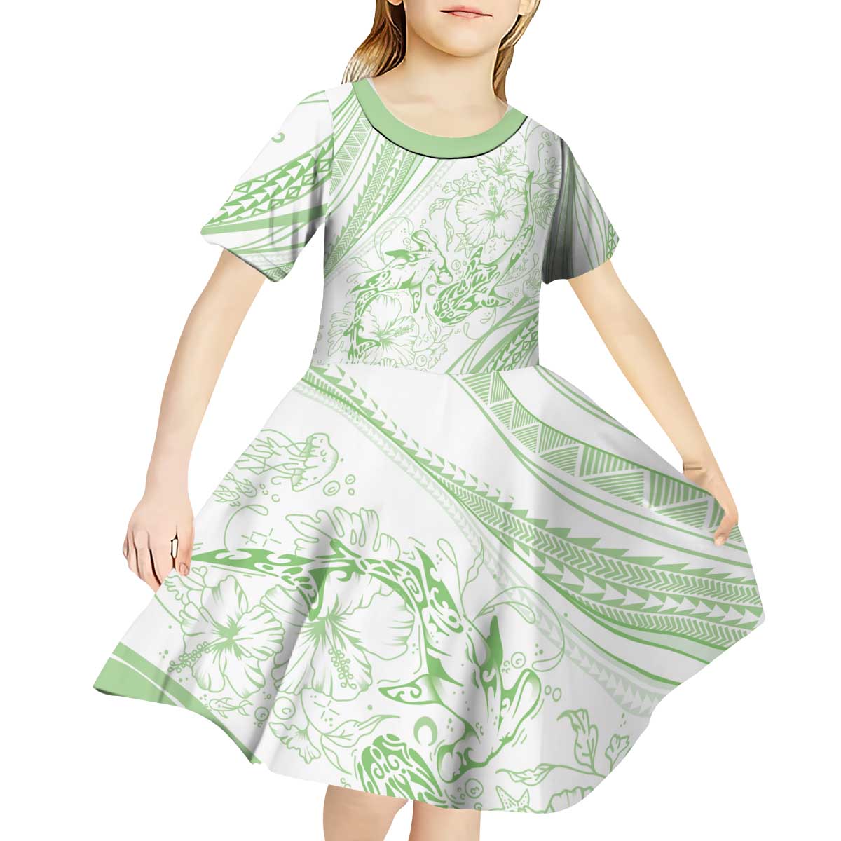 Sharks Couple Dreamy Polynesians Floral Sea Kid Short Sleeve Dress Emerald - Polynesian Pride