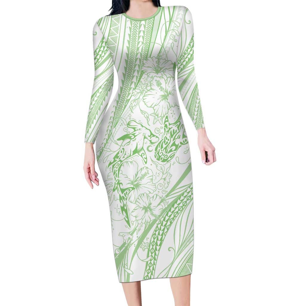 Sharks Couple Dreamy Polynesians Floral Sea Long Sleeve Bodycon Dress Emerald - Polynesian Pride