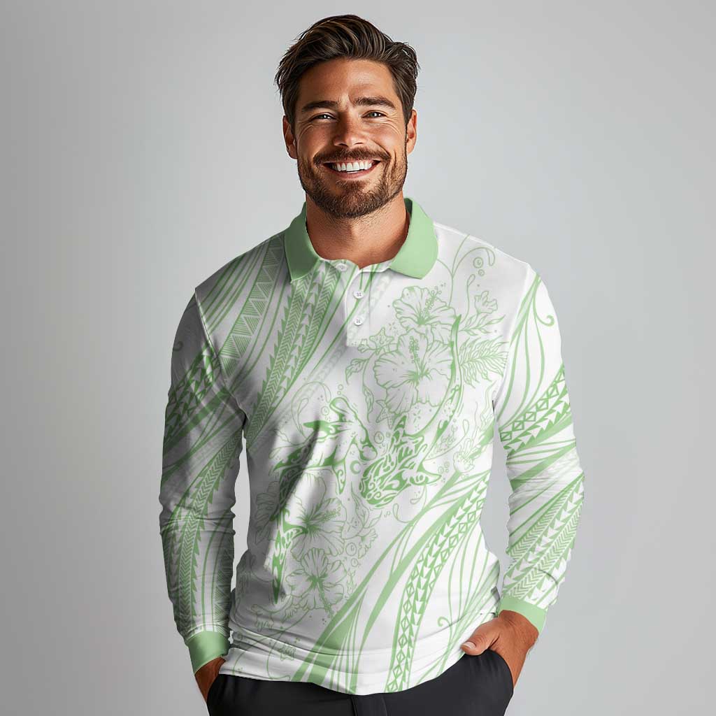 Sharks Couple Dreamy Polynesians Floral Sea Long Sleeve Polo Shirt Emerald LT7 - Polynesian Pride