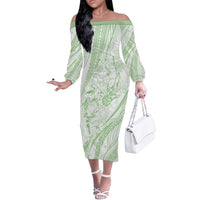Sharks Couple Dreamy Polynesians Floral Sea Off The Shoulder Long Sleeve Dress Emerald LT7 Women Emerald - Polynesian Pride