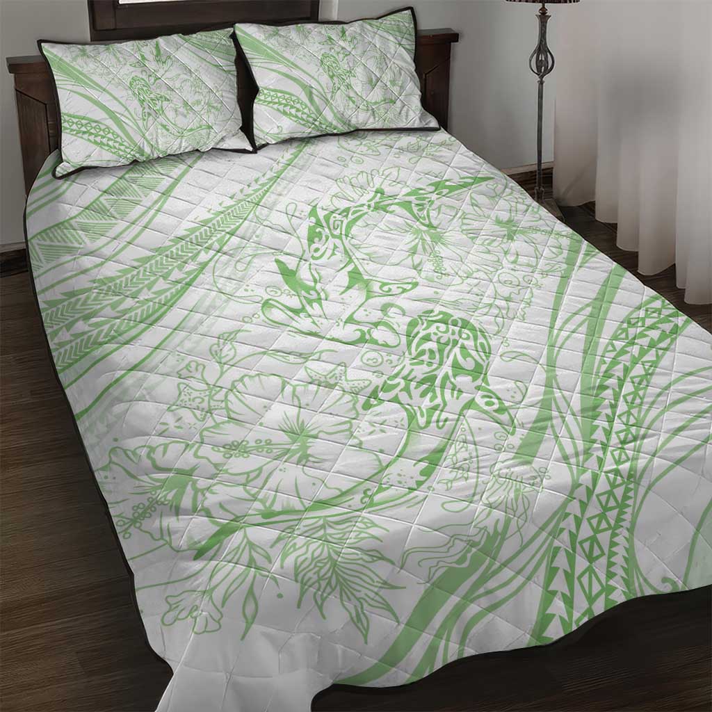 Sharks Couple Dreamy Polynesians Floral Sea Quilt Bed Set Emerald - Polynesian Pride