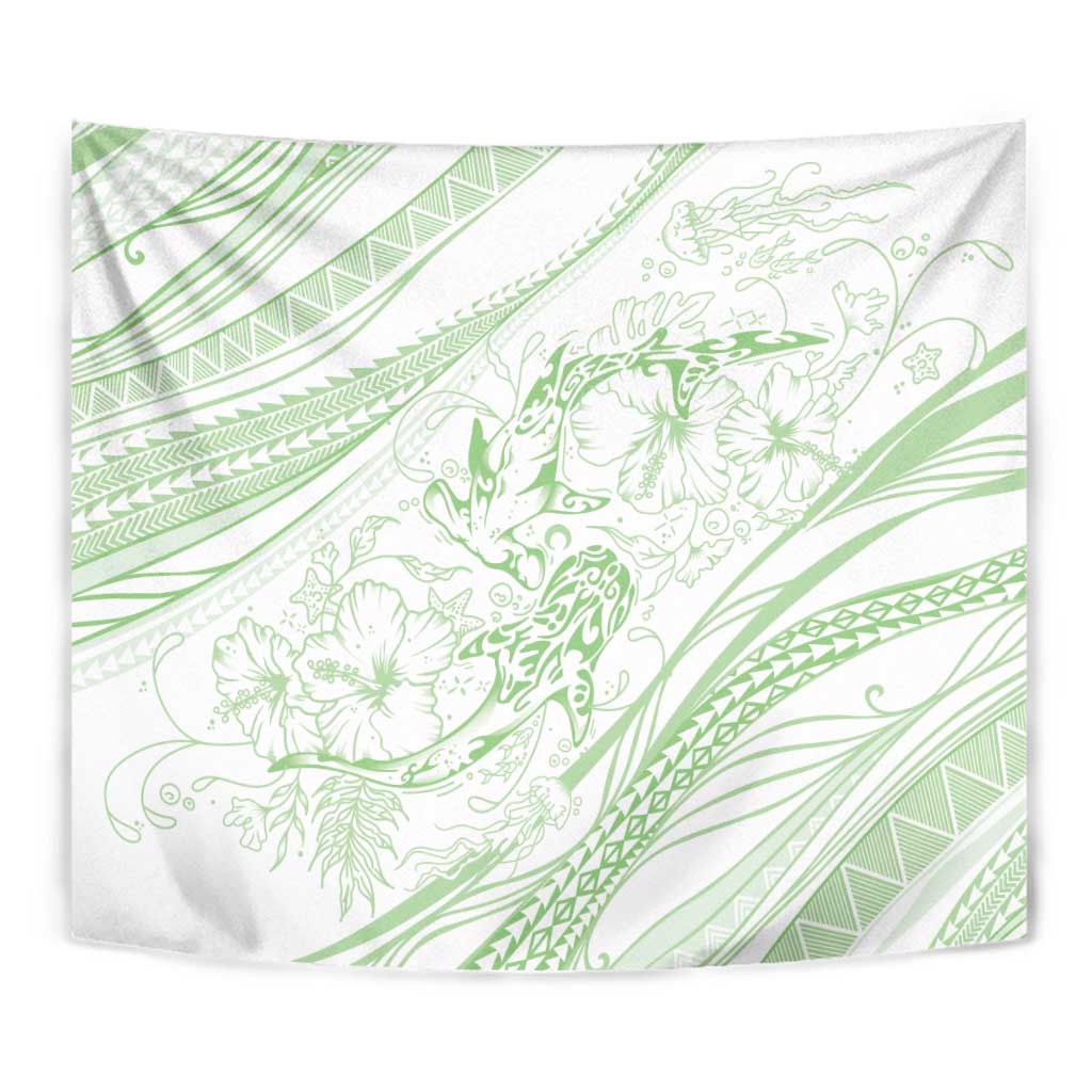 Sharks Couple Dreamy Polynesians Floral Sea Tapestry Emerald - Polynesian Pride
