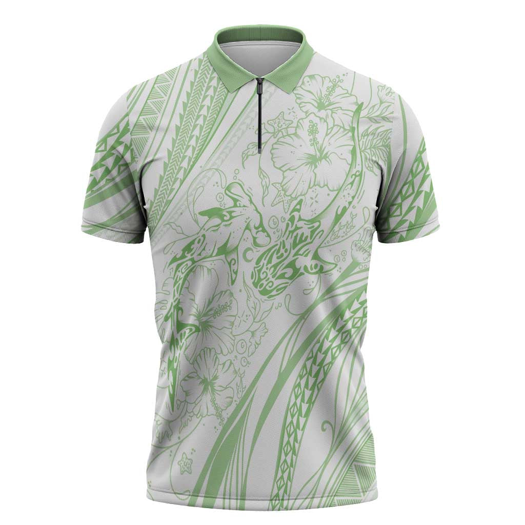 Sharks Couple Dreamy Polynesians Floral Sea Zipper Polo Shirt Emerald LT7 Emerald - Polynesian Pride