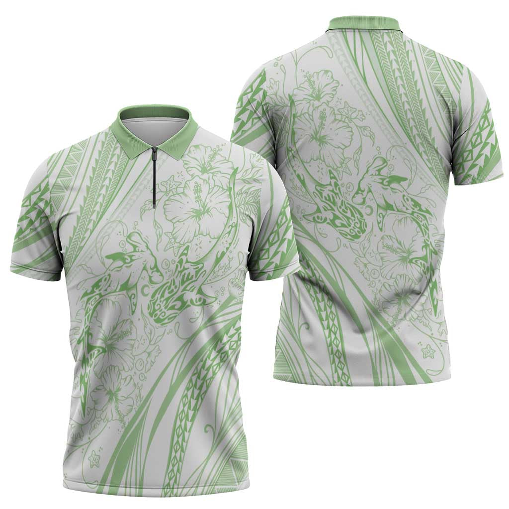 Sharks Couple Dreamy Polynesians Floral Sea Zipper Polo Shirt Emerald LT7 - Polynesian Pride