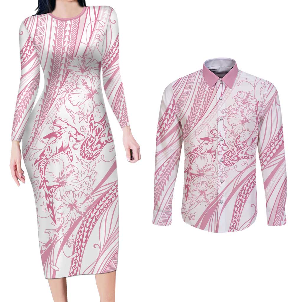 Sharks Couple Dreamy Polynesians Floral Sea Couples Matching Long Sleeve Bodycon Dress and Long Sleeve Button Shirt Pink - Polynesian Pride