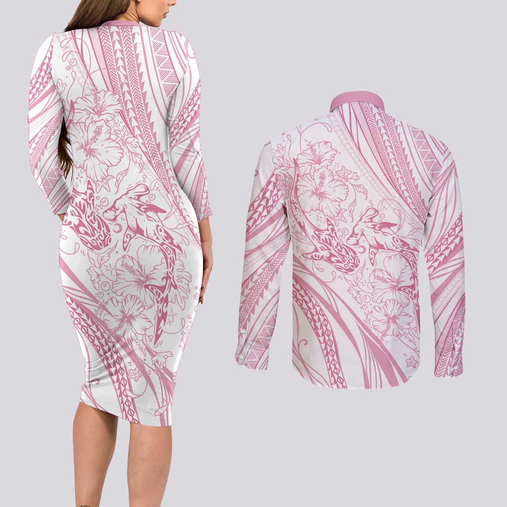 Sharks Couple Dreamy Polynesians Floral Sea Couples Matching Long Sleeve Bodycon Dress and Long Sleeve Button Shirt Pink - Polynesian Pride