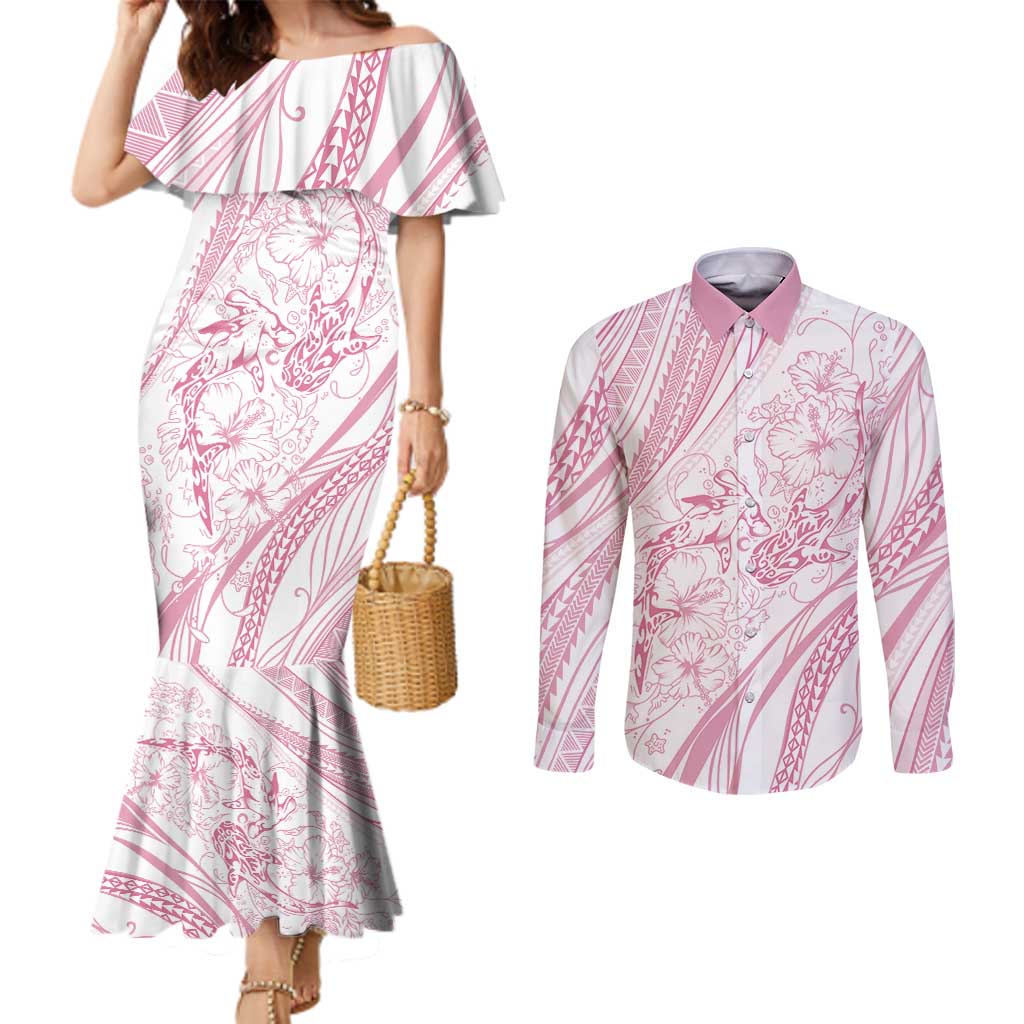 Sharks Couple Dreamy Polynesians Floral Sea Couples Matching Mermaid Dress and Long Sleeve Button Shirt Pink - Polynesian Pride