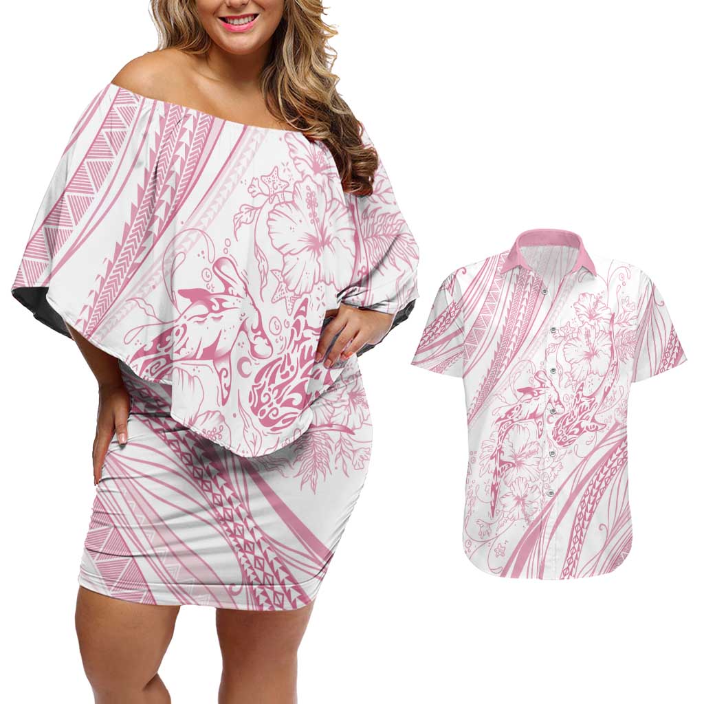 Sharks Couple Dreamy Polynesians Floral Sea Couples Matching Off Shoulder Short Dress and Hawaiian Shirt Pink - Polynesian Pride